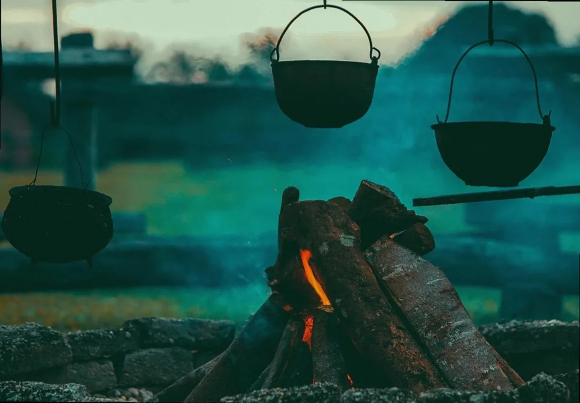 campfire, burning, camping, close up, cooking, cooking pots, fire, firewood, hot, pots, smoke, wood, embers, heat, campf